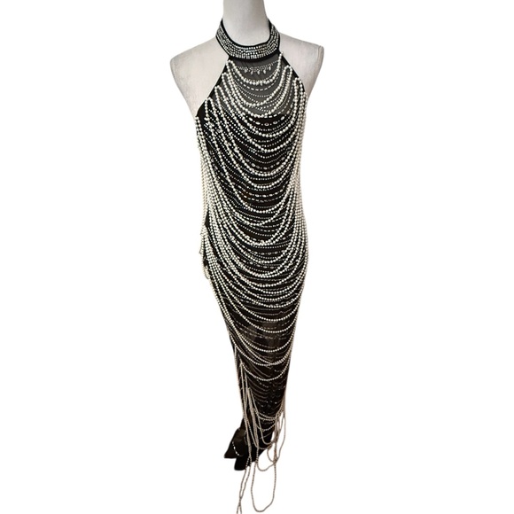 Fashion Nova Black Sequin Beaded Halter Sleeveless Maxi Evening Dress Glamorous - Picture 1 of 14
